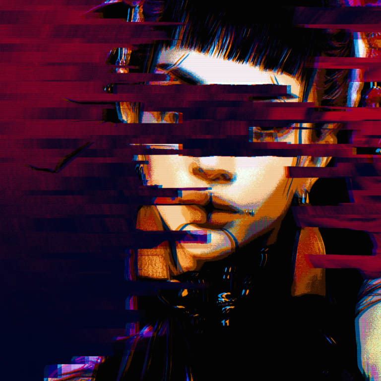 Glitch Art Portrait fragmentiert durch magenta-goldene Störungen
