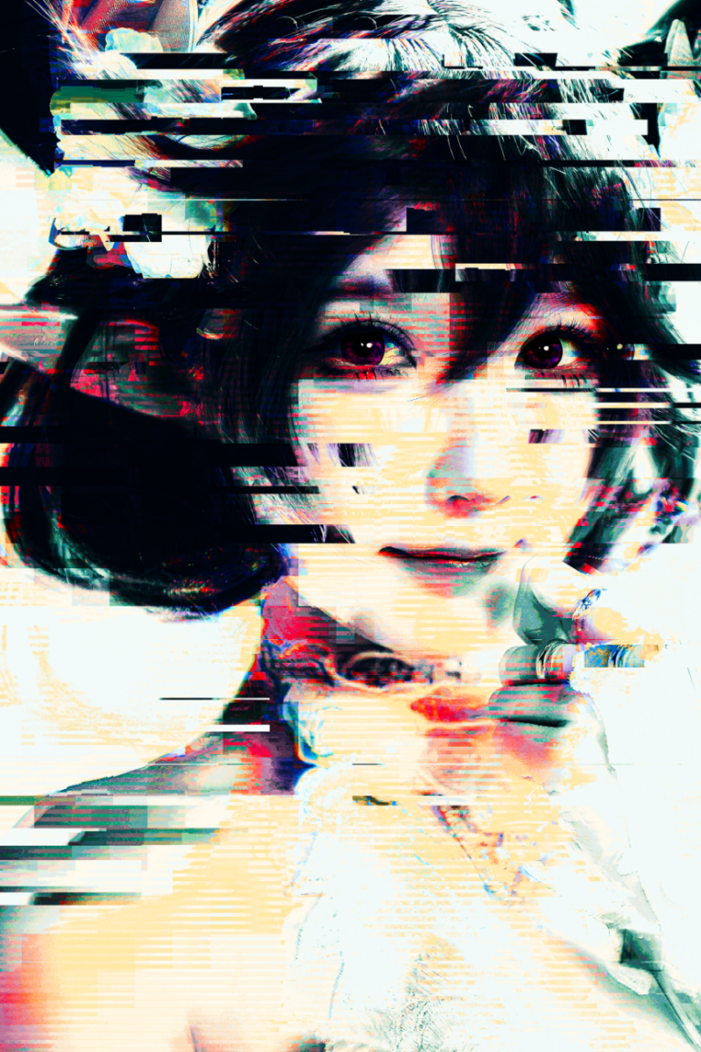 Portrait-Überlagerung mit schwarzen Datenbalken und gelb-türkisen RGB-Shifts