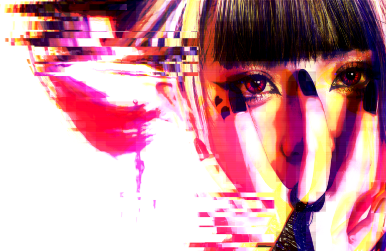 Überbelichtetes Portrait mit pink-gelben RGB-Verschiebungen und Pixelstörungen