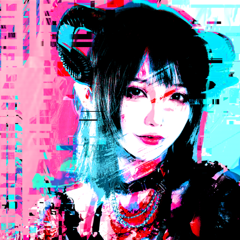 Portrait zerrissen zwischen Cyan und Pink mit Bildschirmstörungen