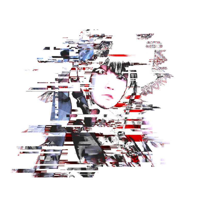 Komplexe Datenfragmentierung mit horizontalen Glitch-Bändern in Rot-Transparent