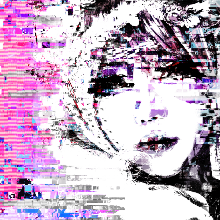 Gesicht aufgelöst in rosa-weiße Scan-Lines und digitales Rauschen
