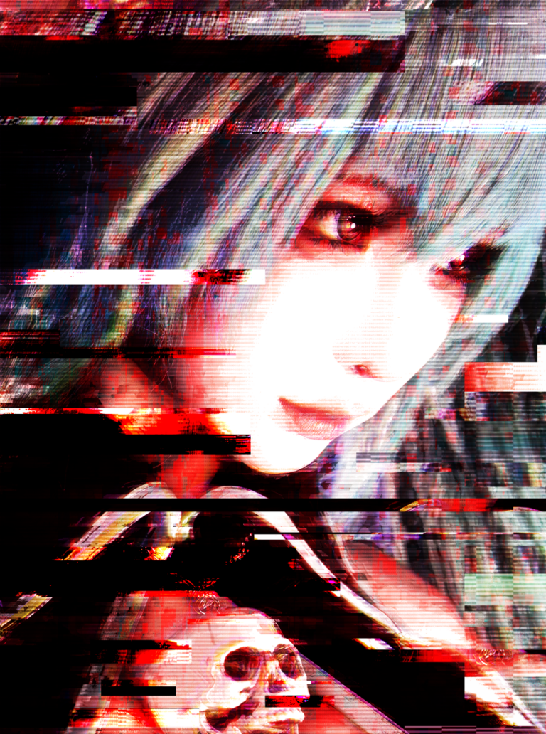 Glitch Art Portrait mit roten Datenverzerrungen und horizontalen Scan-Lines