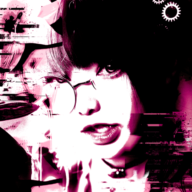 Portrait-Collage überlagert von rosa Datenschleiern, Blüte und Brille-Detail